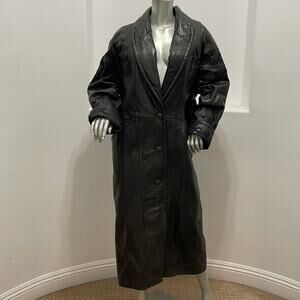 Vintage 80s Laurence Roy Black Leather Maxi Coat S Oversized Navy Embroidered